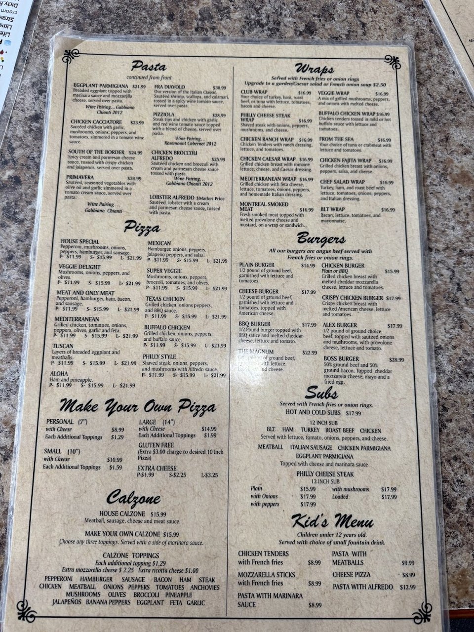 Dinner buffet section with weekday hours.