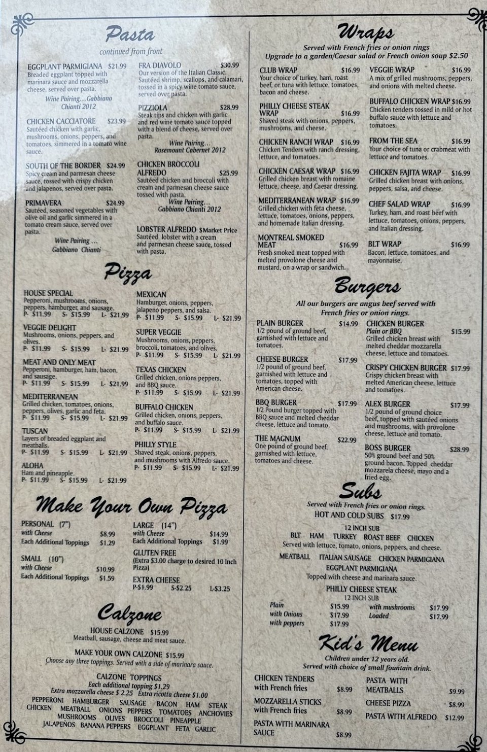 A menu layout showing pizzas, burgers, and breakfast items.